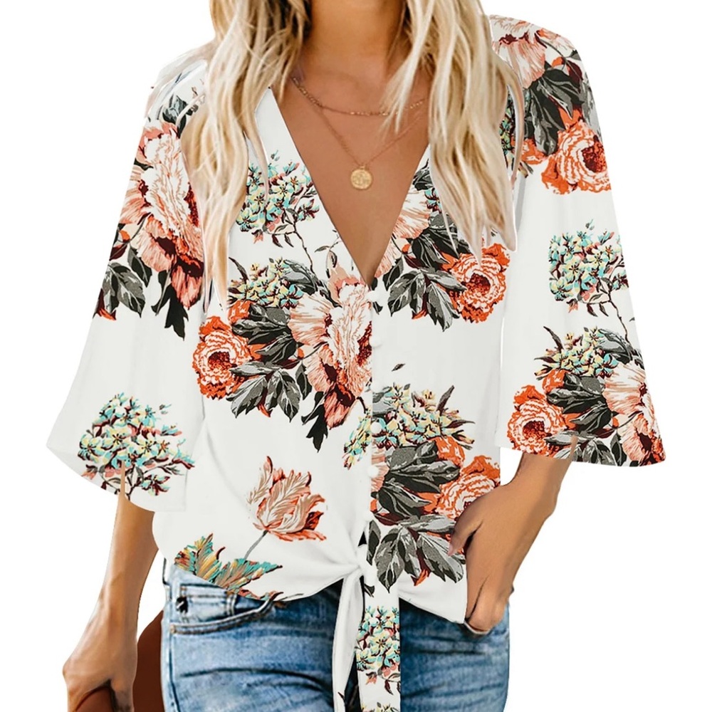 Boho Floral Tie Front Blouse Women’s V-Neck Bell Sleeve Top White Flowy Medium